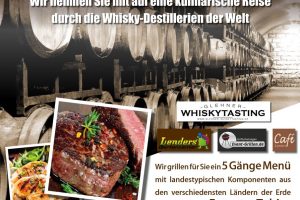 Flyer für ein Whisky Tasting Event mit Grillbegleitung und Details zu Menü und Termin.
