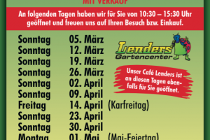 Tabelle mit den Öffnungszeiten für Sonn- und Feiertage im Lenders Gartencenter, inklusive Verkaufshinweis.