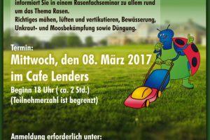 Ankündigung für ein Seminar zur Rasenpflege mit einem bunten Schild und einem Käfer.