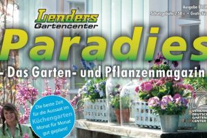 Cover des Lenders Gartencenters Magazins mit dem Titel Paradies und einer Frau mit Pflanzen.