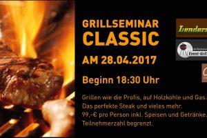 Plakat für Grillseminar mit Grillfleisch und Veranstaltungsdetails in orange und schwarz.