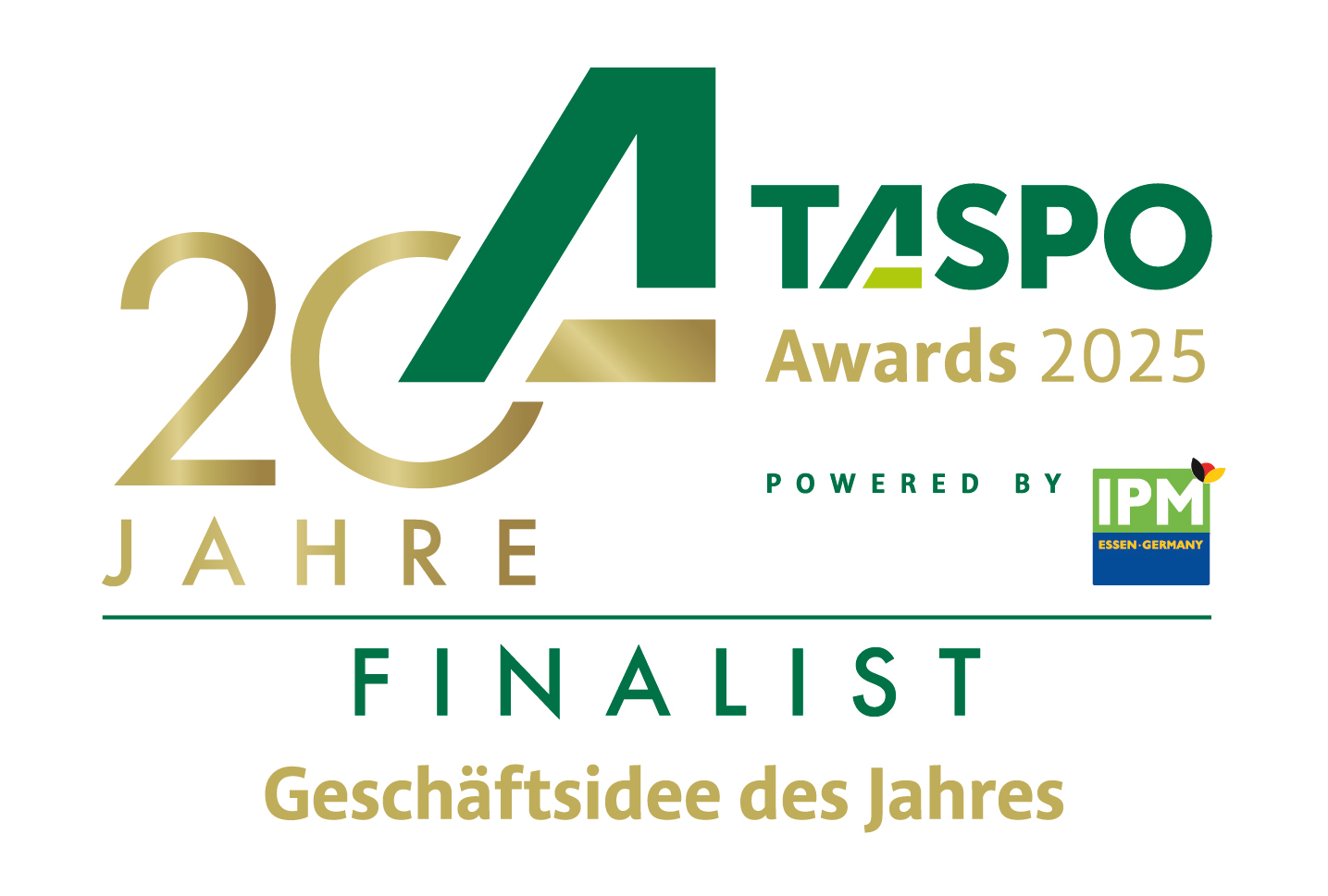 Logo der TASPO Awards 2025 mit dem Text '20 Jahre TASPO Awards 2025 Finalist', unterstützt von IPM Essen Germany