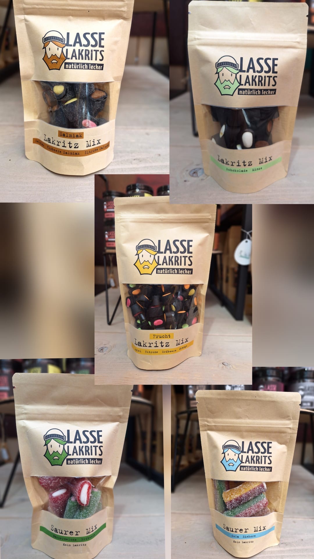 Fünf verschiedene Tüten Lasse Lakrits Lakritz Mix mit unterschiedlichen Sorten und Geschmacksrichtungen