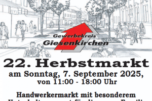 Plakat für den 22. Herbstmarkt in Giesenkirchen am 7. September 2025, mit Informationen zu Handwerkermarkt und Bühnenprogramm.