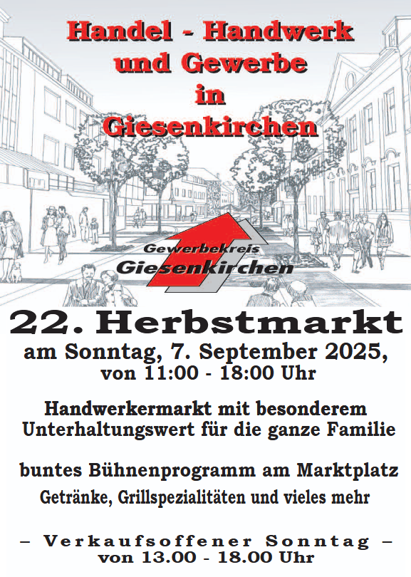 Plakat für den 22. Herbstmarkt in Giesenkirchen am 7. September 2025, mit Informationen zu Handwerkermarkt und Bühnenprogramm.