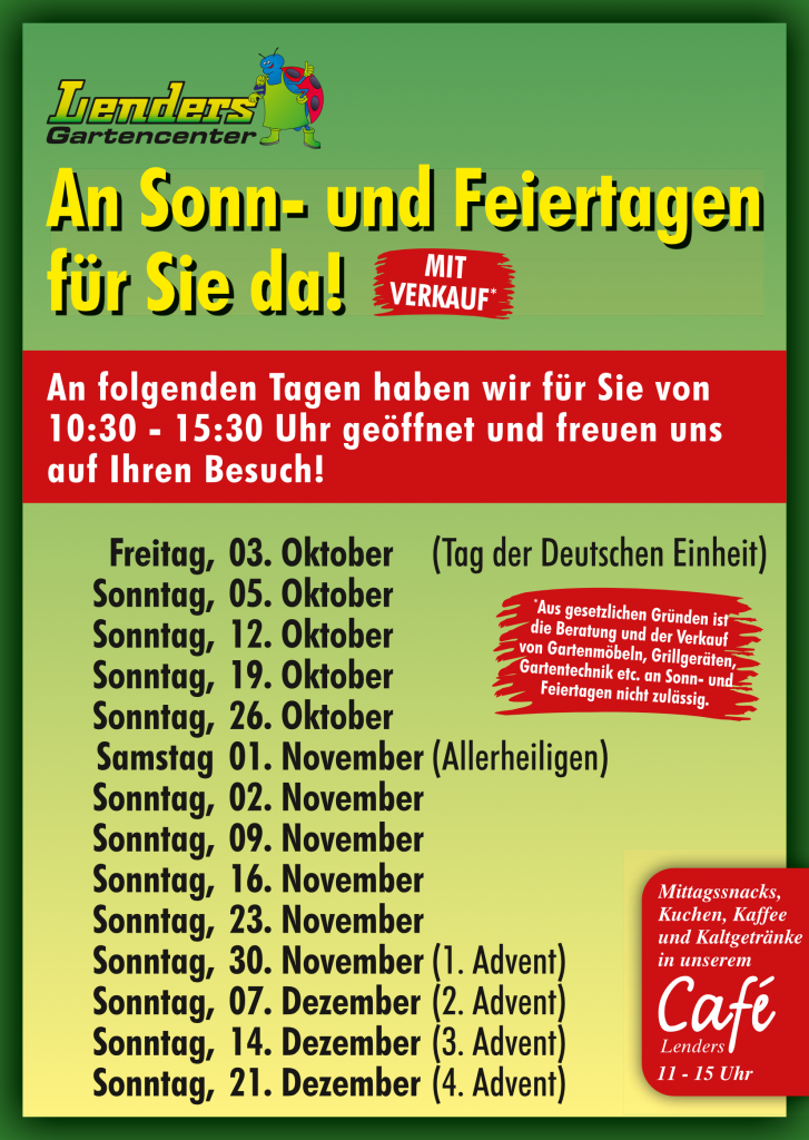Lenders Gartencenter Öffnungszeiten an Sonn- und Feiertagen 10:30 bis 15:30 Uhr an ausgewählten Tagen von Oktober bis Dezember 2025 mit Verkauf und Café von 11 bis 15 Uhr