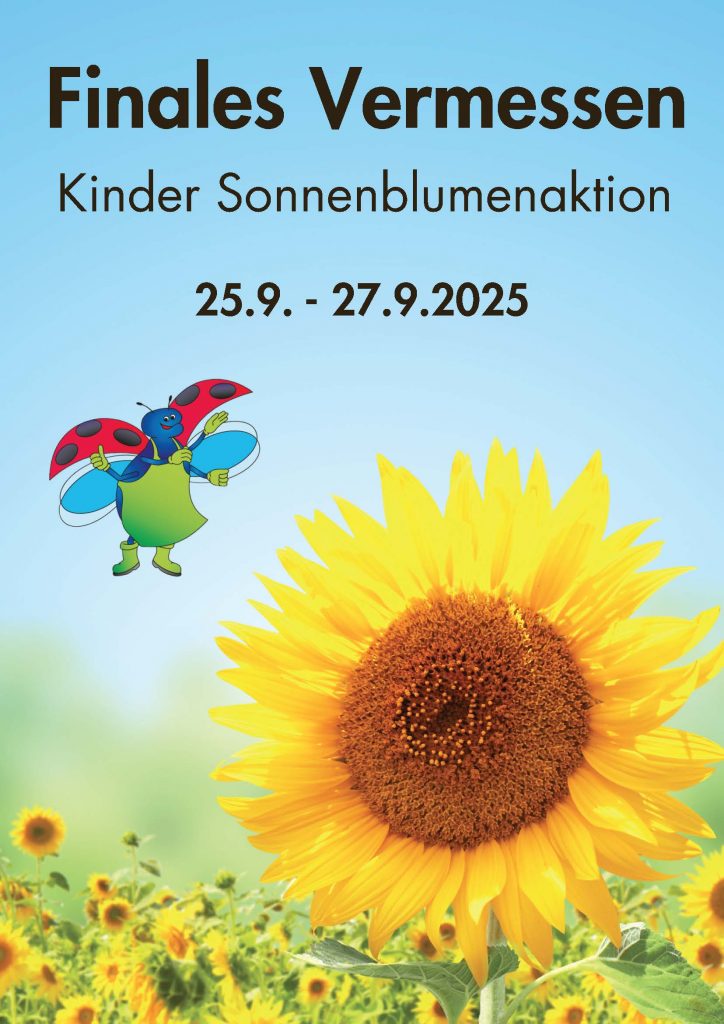 Plakat für die Aktion "Finales Vermessen" mit einer Sonnenblume und dem Käferlogo von Lenders Gartencenter