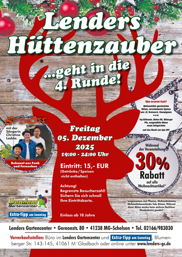 Rotes Rentierkopf-Symbol vor Holzplanken mit Text zu Lenders Hüttenzauber am 5. Dezember 2025, Eintritt 15 Euro, 30 Prozent Rabatt auf Weihnachtsartikel, Veranstaltung ab 18 Jahren.