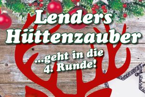 Rotes Rentierkopf-Symbol vor Holzplanken mit Text zu Lenders Hüttenzauber am 5. Dezember 2025, Eintritt 15 Euro, 30 Prozent Rabatt auf Weihnachtsartikel, Veranstaltung ab 18 Jahren.
