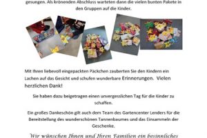 Text mit Dankesworten an Kunden des Familienzentrums „Zauberland“ für Teilnahme an Wunschbaum-Aktion, mit vier Fotos von liebevoll verpackten Geschenken.