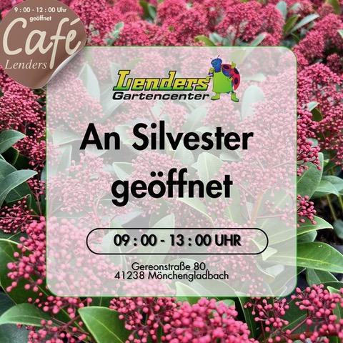 Text auf rosa Blüten: 'Lenders Gartencenter An Silvester geöffnet 09:00 - 13:00 UHR Gereonstraße 80 41238 Mönchengladbach'.