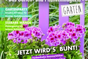 Titelblatt eines Garten- und Pflanzenmagazins mit pinken Pelargonien auf einem lila Stuhl und Texten zu Gartenthemen