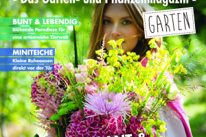 Frau hält einen großen, bunten Blumenstrauß vor einem grünen Hintergrund, Titel 'Paradies - Das Garten- und Pflanzenmagazin'